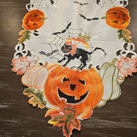 Halloween Table Runner Black Cat Pumpkin Bats Spider Web Embroidered Decor - Picture 5 of 9